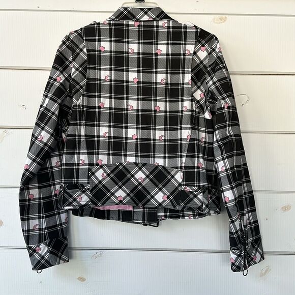 BlackMilk Tartan Heart Moto Jack Women's Size 12 Black Pink Plaid Biker NEW - Picture 8 of 16